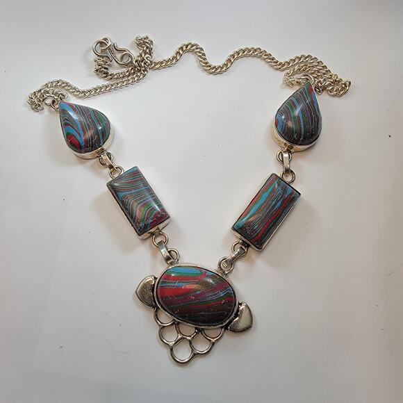 Handmade Sterling Silver Necklace Featuring Colorful Multi-Striped Polymer Stone - Picture 2 of 10